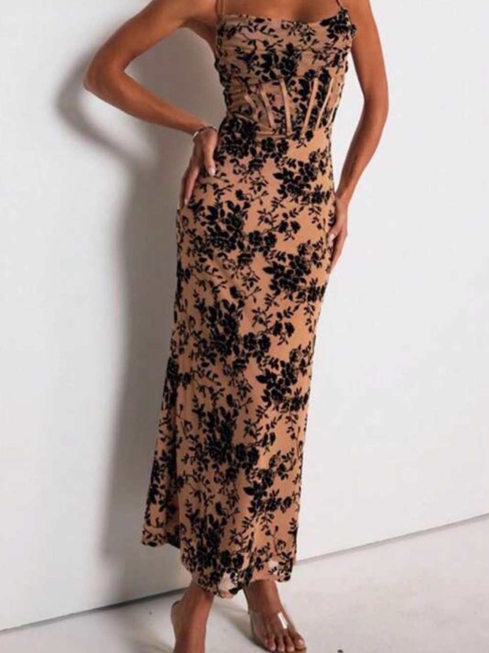 Floral Mesh Maxi Dress in Tan and Black